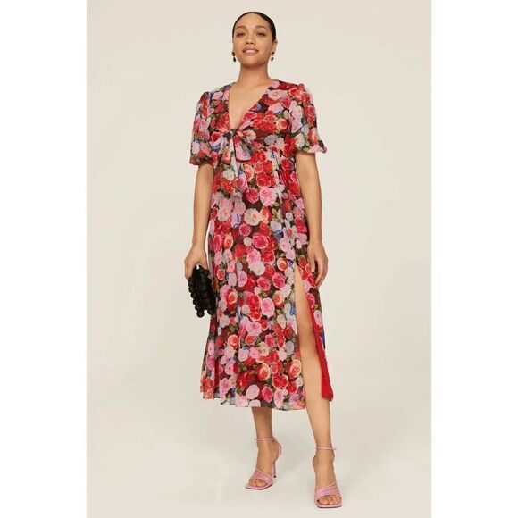 Mac Duggal Dresses & Skirts - Ieena For Mac Duggal Floral Print Puff Sleeve Side Slit Maxi Dress Red Size 6
